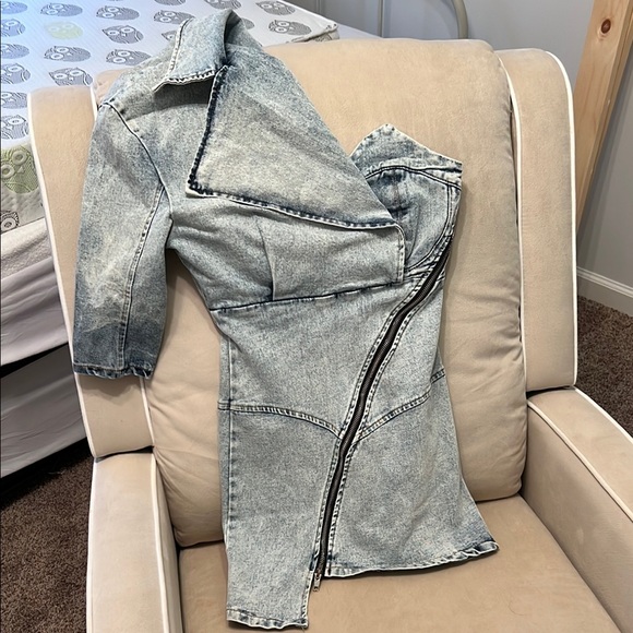 Denim Asymmetrical Zip Dress - Picture 1 of 7